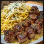 Delicious cheesy garlic steak bites served with creamy linguine