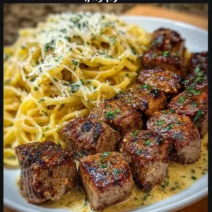 Delicious cheesy garlic steak bites served with creamy linguine
