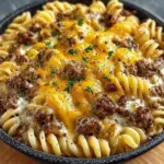 Cheesy Ground Beef Stroganoff Pasta Casserole served in a baking dish