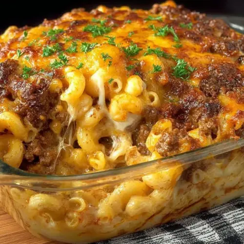Cheesy Hamburger Casserole topped with melted cheese and fresh herbs