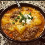 Bowl of cheesy hamburger potato soup topped with cheese and herbs