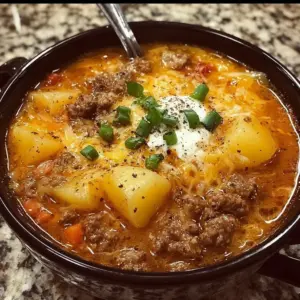 Bowl of cheesy hamburger potato soup topped with cheese and herbs