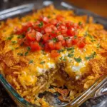 Cheesy Hashbrown Dorito Casserole served in a baking dish