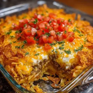 Cheesy Hashbrown Dorito Casserole served in a baking dish