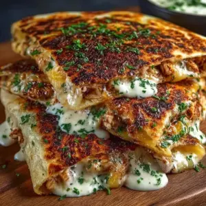 Cheesy hot honey chicken quesadillas with jalapeño cream sauce on a plate
