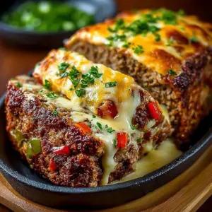 Cheesy Philly Meatloaf with steak and peppers on a plate