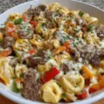 Cheesy Philly Steak Tortellini Skillet topped with melted cheese and fresh herbs