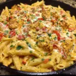 Cheesy Queso Chicken Penne Skillet with colorful peppers and creamy sauce