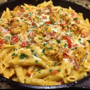 Cheesy Queso Chicken Penne Skillet with colorful peppers and creamy sauce