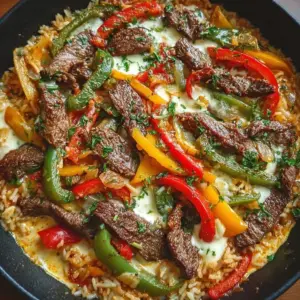 Cheesy Queso Steak Fajita Skillet with vibrant vegetables and melted cheese