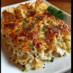 Cheesy Ranch Chicken Casserole topped with melted cheese and herbs in a baking dish