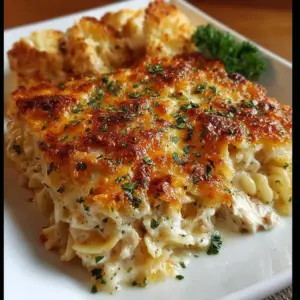 Cheesy Ranch Chicken Casserole topped with melted cheese and herbs in a baking dish