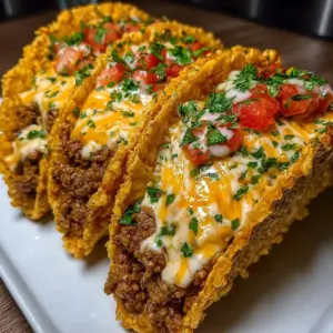 Cheesy Rotel beef tacos topped with fresh ingredients and melted cheese