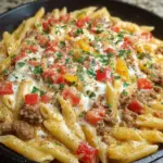 Cheesy Rotel Pasta Skillet served in a pan with fresh herbs
