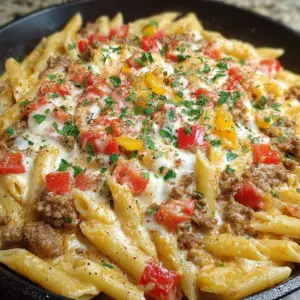 Cheesy Rotel Pasta Skillet served in a pan with fresh herbs