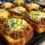 Delicious Cheesy Sloppy Joe Garlic Toast topped with melted cheese and garlic