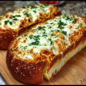 Cheesy spaghetti garlic bread with melted cheese and garlic aroma.