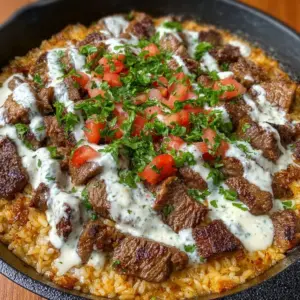 Cheesy steak queso rice skillet served in a colorful bowl