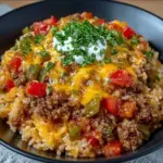 Cheesy Taco Beef & Rice dish with toppings in a bowl, a family-friendly meal.