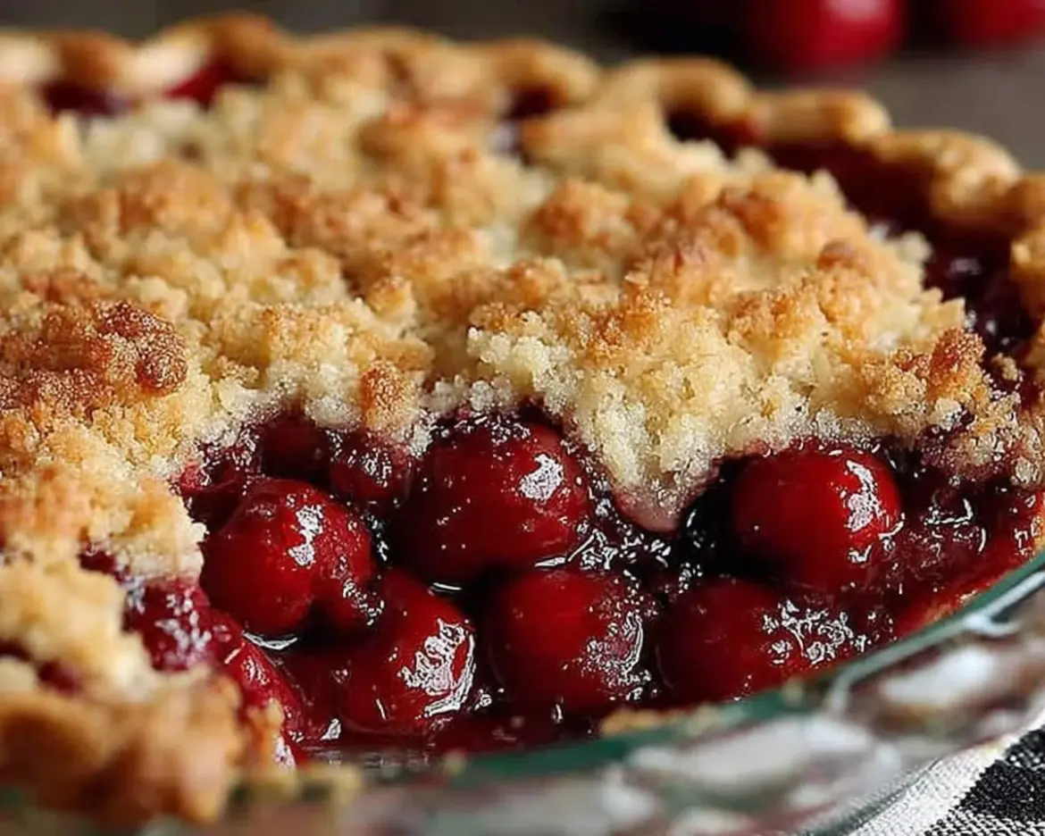 Freshly baked Cherry Crumb Pie with a golden crust and crumb topping.