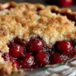 Freshly baked Cherry Crumb Pie with a golden crust and crumb topping.