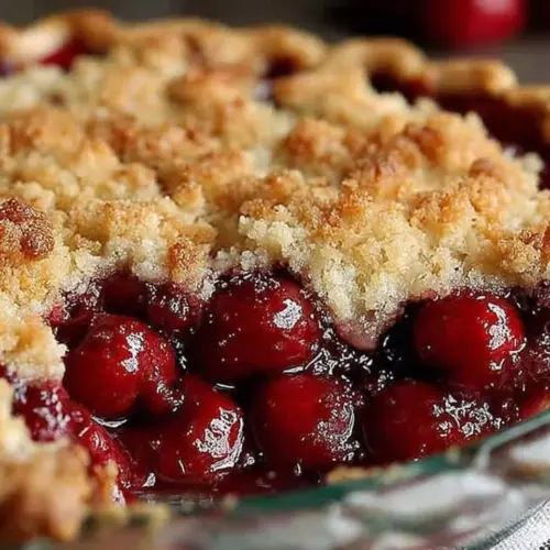 Freshly baked Cherry Crumb Pie with a golden crust and crumb topping.