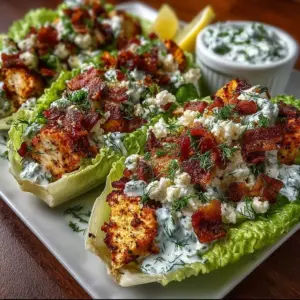 Chicken Bacon Ranch Lettuce Boats topped with crispy bacon and ranch dressing
