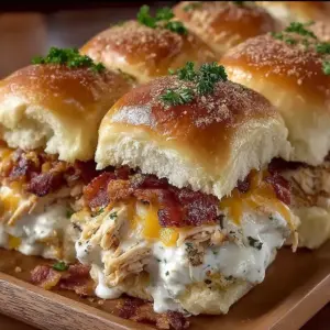 Delicious Chicken Bacon Ranch Sliders with crispy bacon and ranch dressing