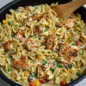 Creamy Chicken Pot Pie Pasta served in a bowl with herbs and vegetables