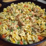 Delicious Chicken Pot Pie Pasta Skillet with creamy filling and golden topping