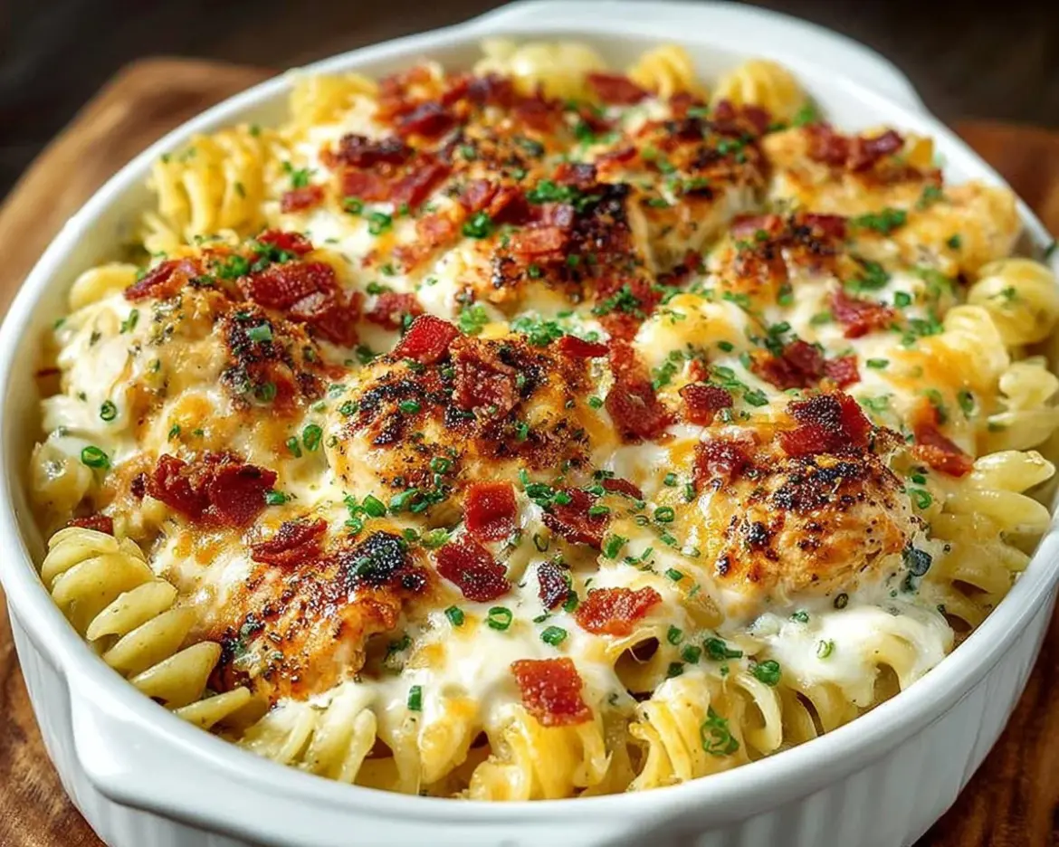 Delicious Chicken Ranch Pasta Bake topped with cheese and herbs