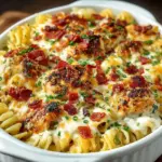 Delicious Chicken Ranch Pasta Bake topped with cheese and herbs