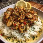 Delicious Chicken Scampi with creamy garlic parmesan rice served on a plate.