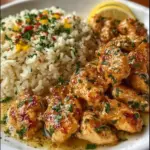Delicious Chicken Scampi with Garlic Parmesan Rice served on a plate.