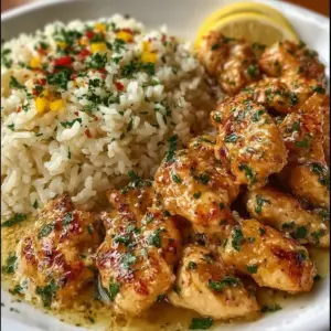 Delicious Chicken Scampi with Garlic Parmesan Rice served on a plate.