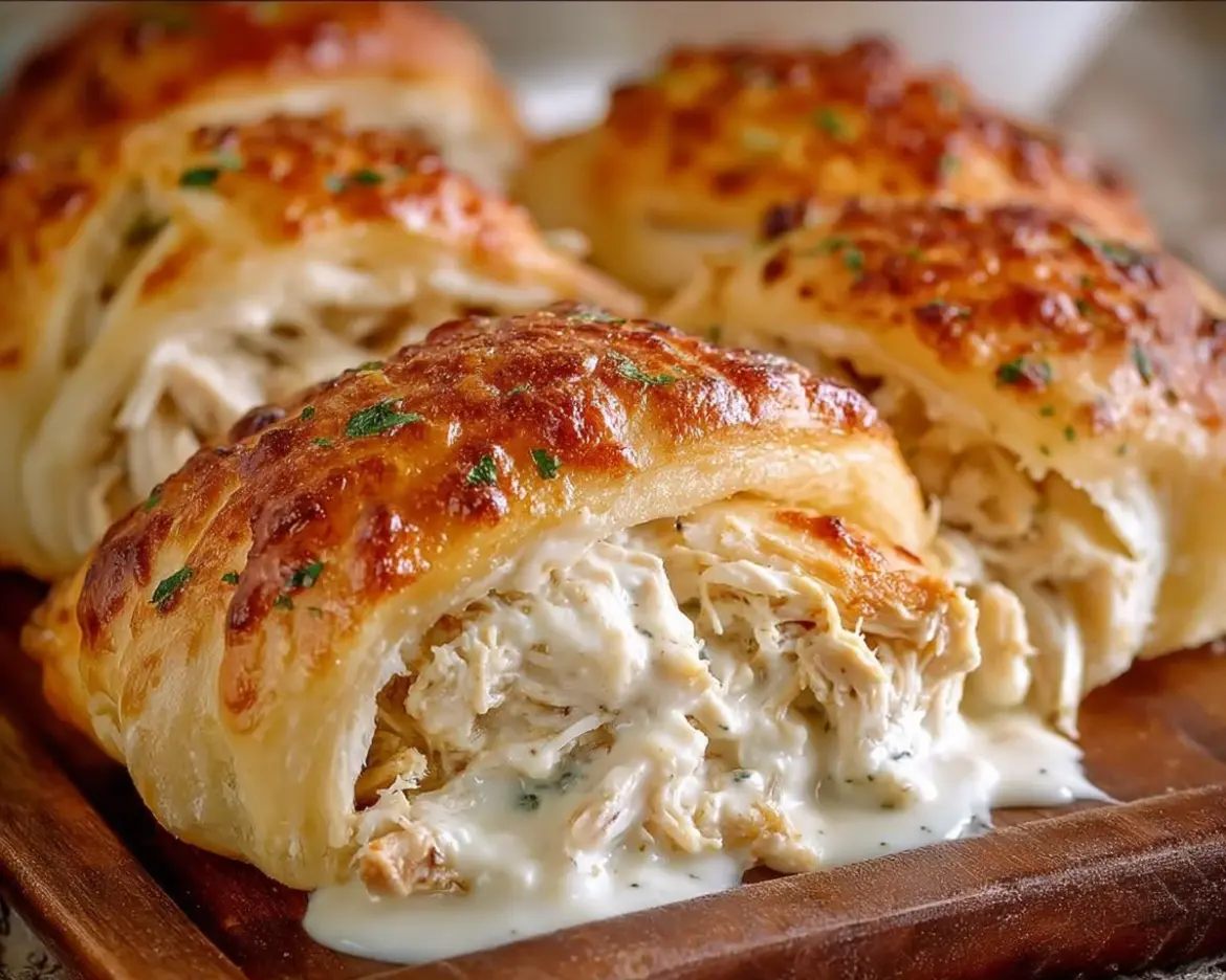 Delicious chicken stuffed crescent rolls ready to serve with a golden crust.