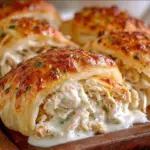 Delicious chicken stuffed crescent rolls ready to serve with a golden crust.