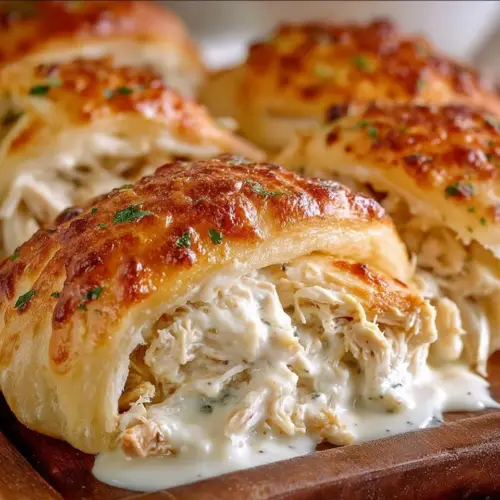 Delicious chicken stuffed crescent rolls ready to serve with a golden crust.