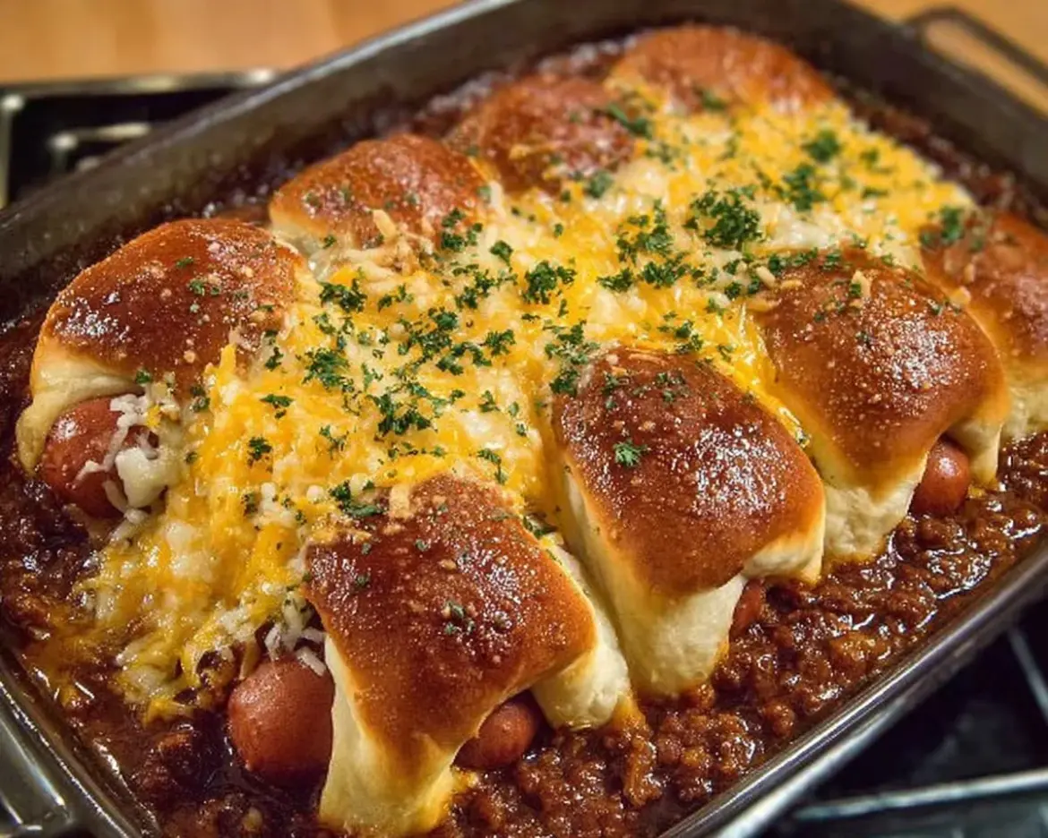 Baked chili cheese dog casserole topped with cheese and jalapeños