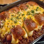 Baked chili cheese dog casserole topped with cheese and jalapeños
