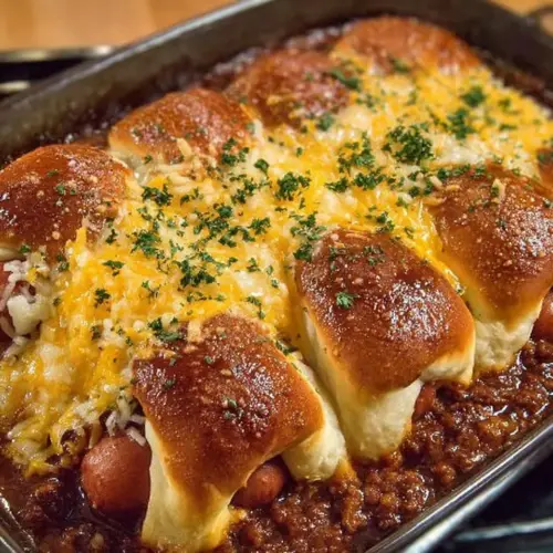 Baked chili cheese dog casserole topped with cheese and jalapeños