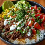 A delicious Chipotle Beef Bowl topped with fresh ingredients and spices.