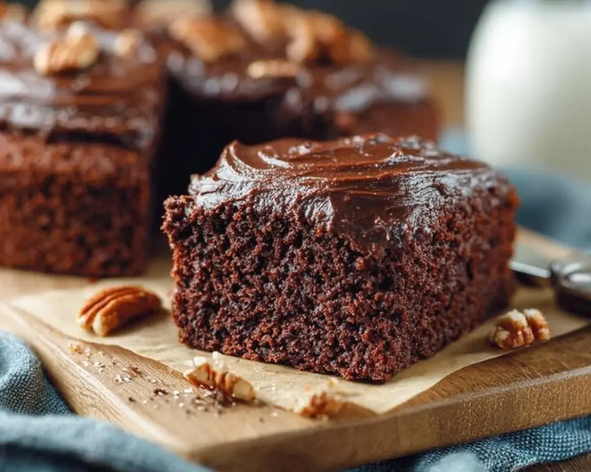 Chocolate Buttermilk Cake with creamy frosting on top
