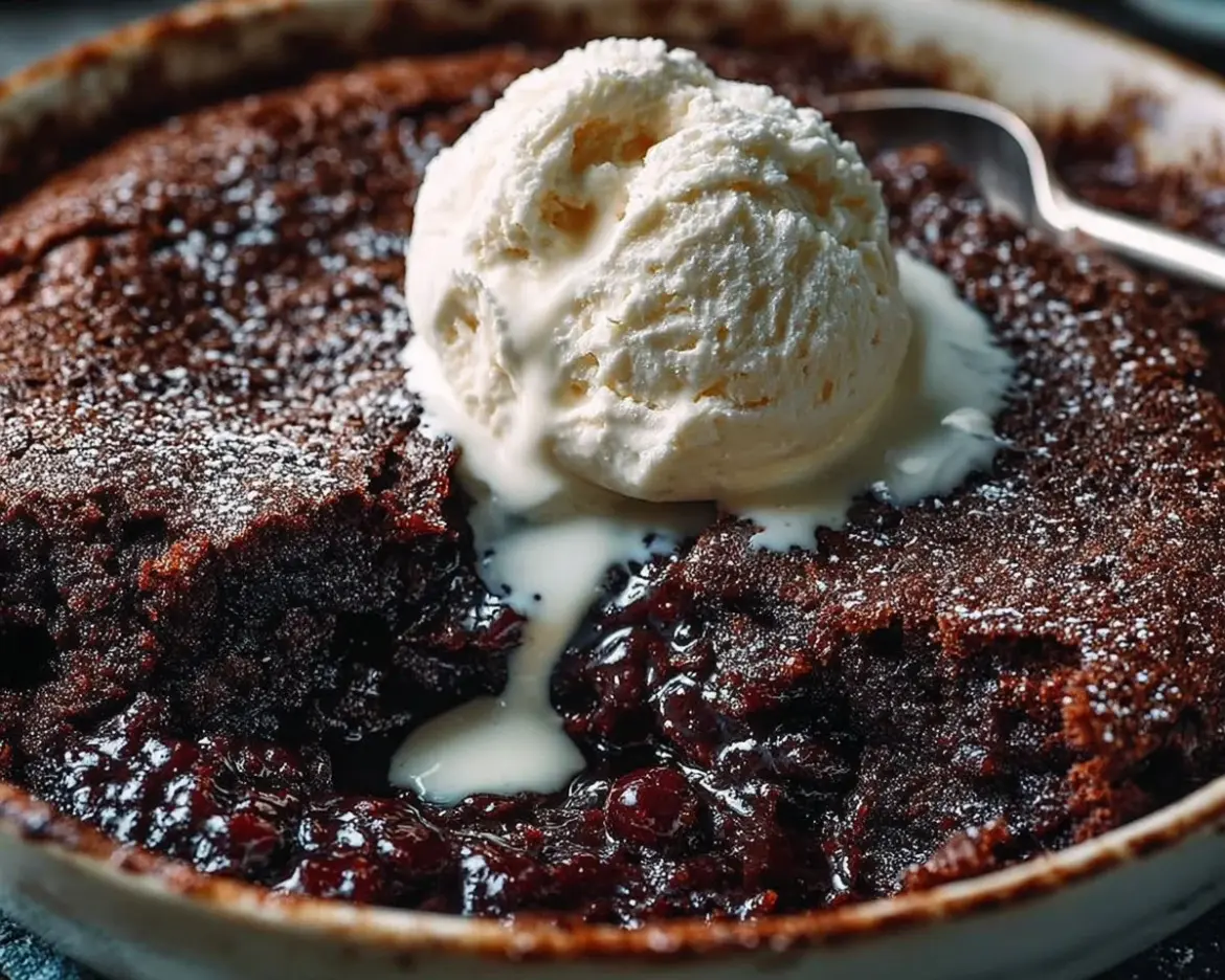Delicious Chocolate Cobbler topped with ice cream and chocolate sauce