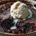 Delicious Chocolate Cobbler topped with ice cream and chocolate sauce