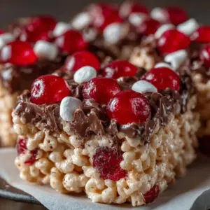 Chocolate Covered Cherry Rice Krispies Treats on a plate