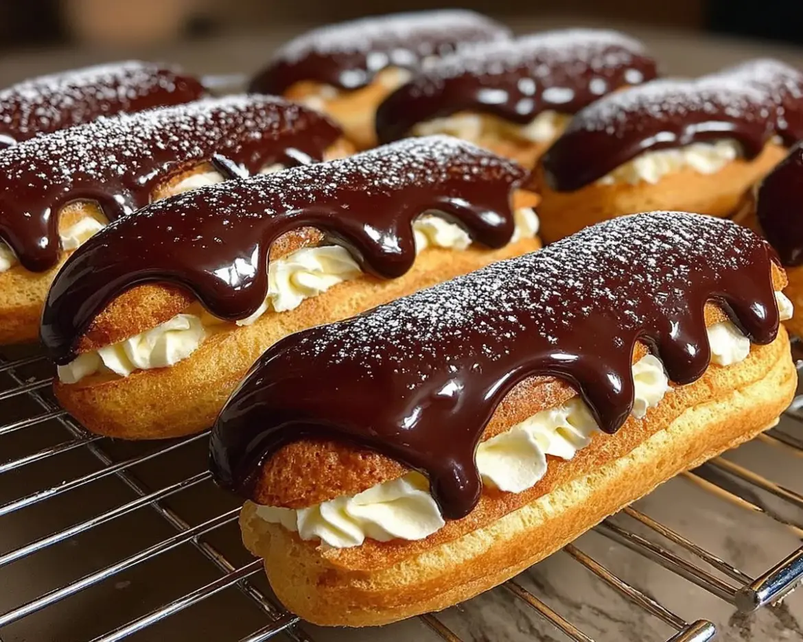 Delicious chocolate eclairs filled with creamy chocolate custard and glazed on top