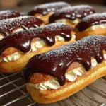 Delicious chocolate eclairs filled with creamy chocolate custard and glazed on top