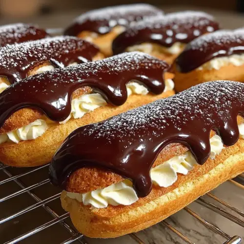 Delicious chocolate eclairs filled with creamy chocolate custard and glazed on top