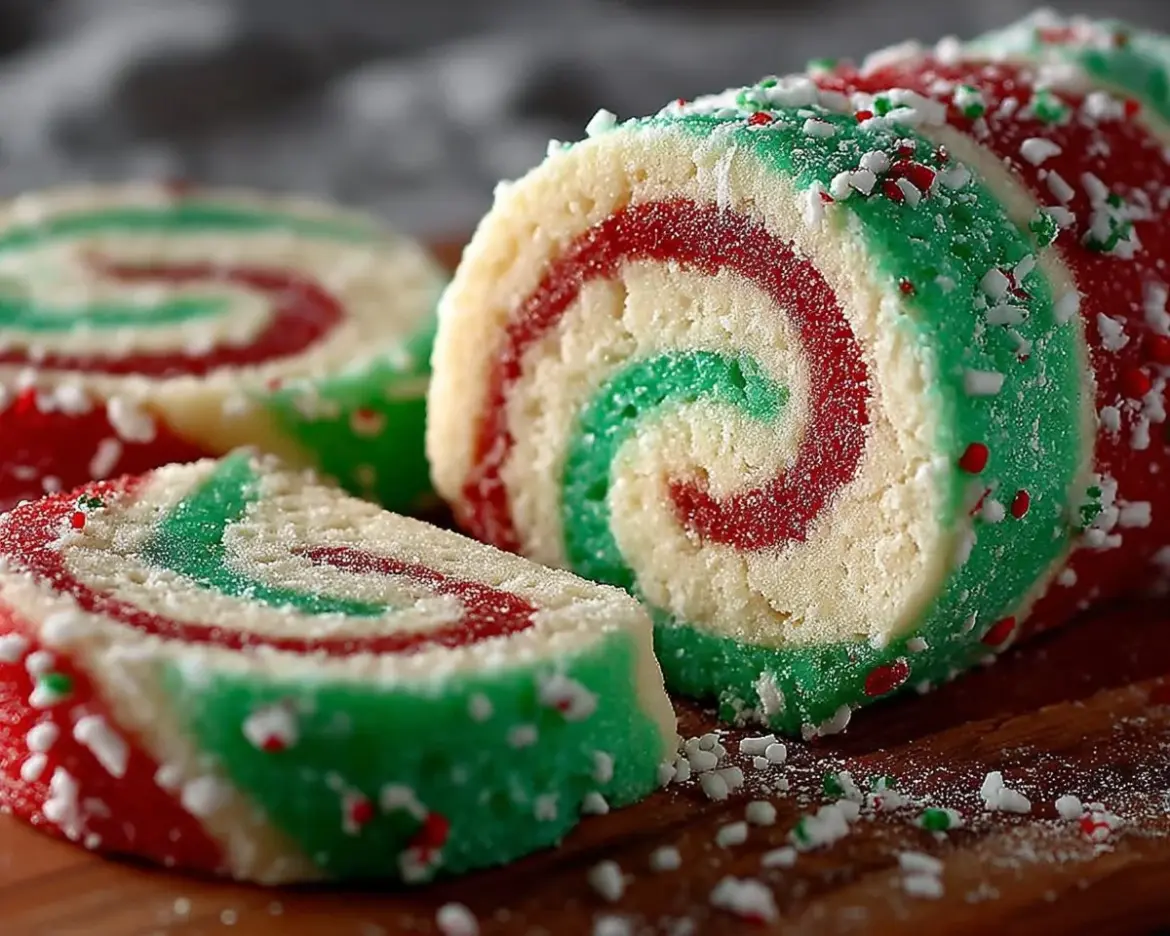 Colorful and festive Christmas Pinwheel Cookies on a decorative plate.
